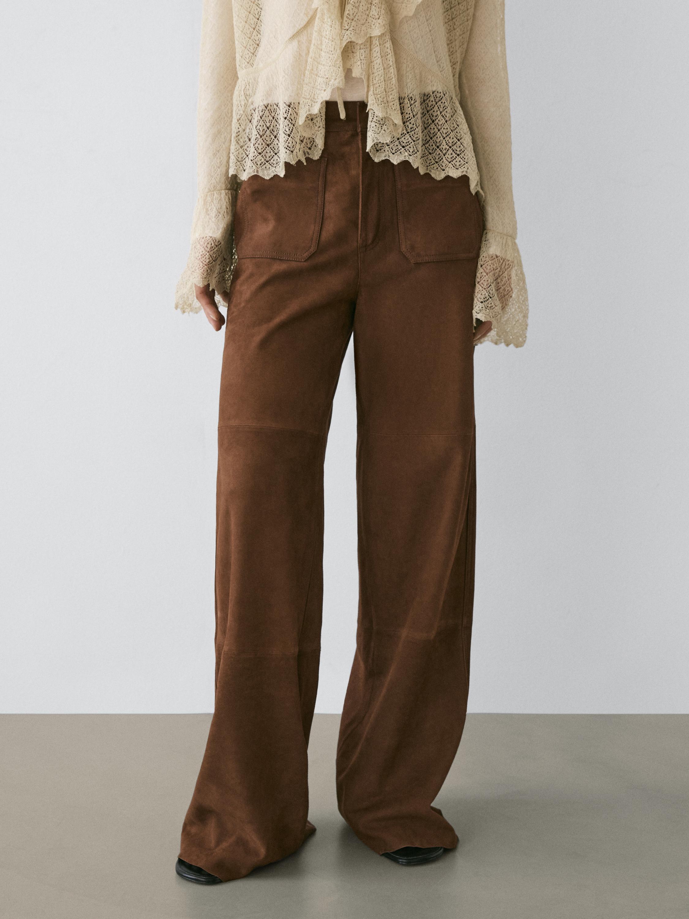 Pantalón ancho bolsillos piel ante