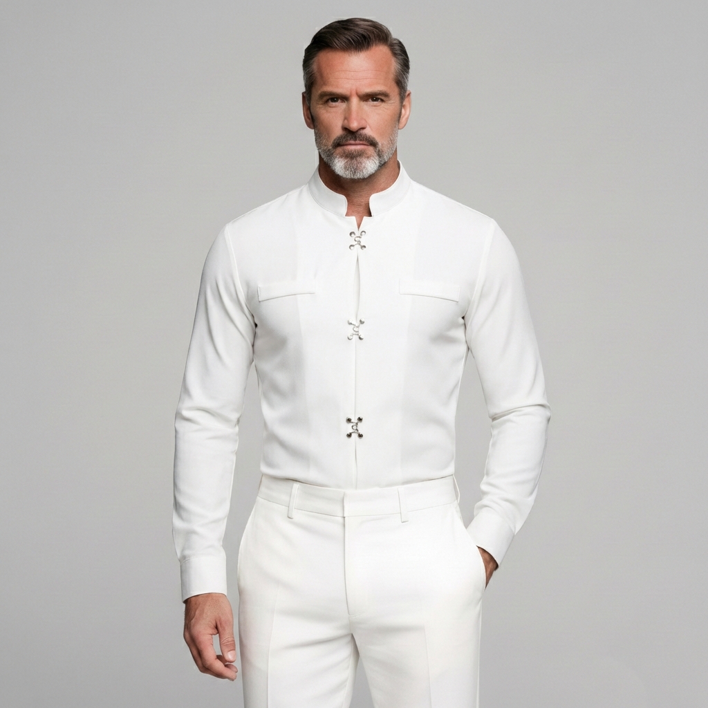 Men's Solid Stand Collar Metal Button Long Sleeve Shirts