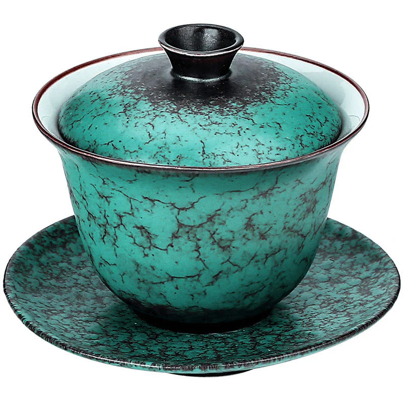 Retro Green Glaze Ceramic Gaiwan Sancai Teacup Kung Fu Tea Cup And Saucer With Lid