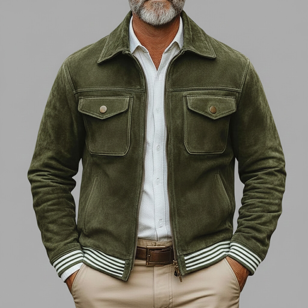 Men's Retro Army Green Suede Shirt Collar Long Sleeve Flap Pocket Striped Zipper Jackets