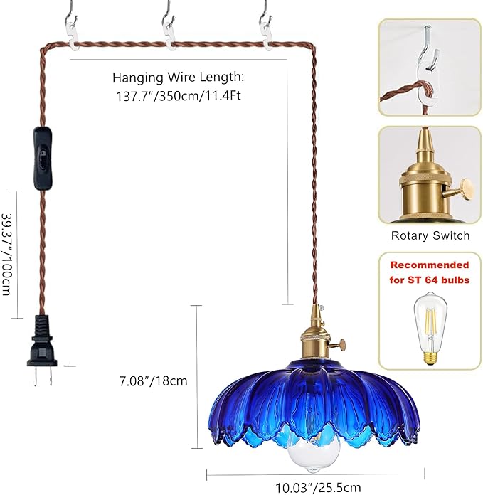 LUMISCAPE Plug in Pendant Light: Glass Hanging Lamp Plug in