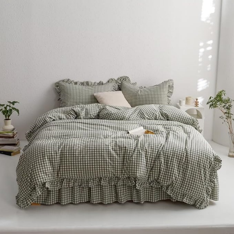 Green Gingham Ruffle Duvet Cover Queen