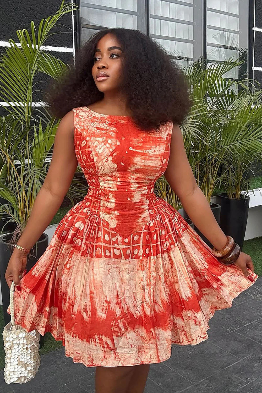 Boat Neck Retro Print Ruched Sleeveless Mini Dresses-Red