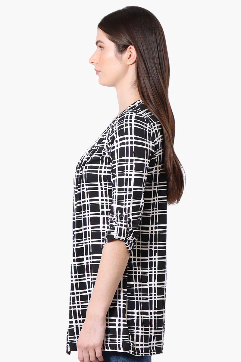 Patterned Roll Up Sleeve Wrap Cardigan - Black