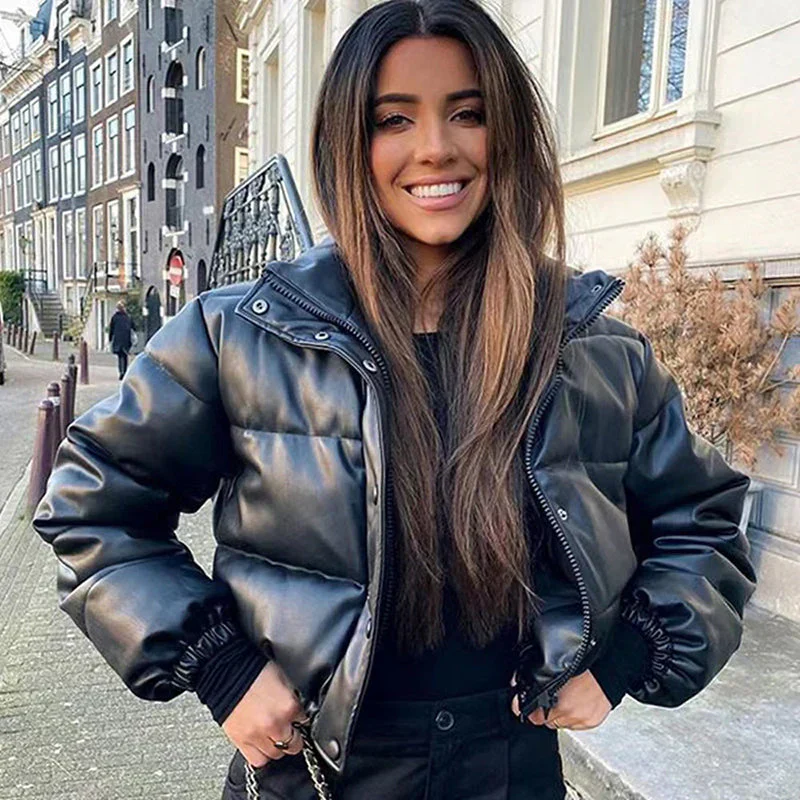 PU leather quilted jacket for women