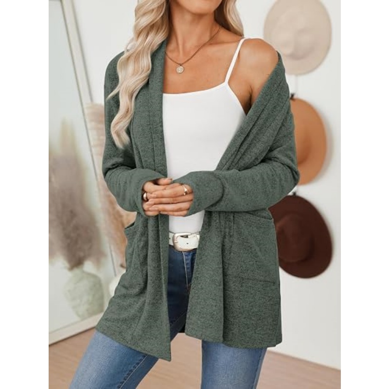Women Lightweight Open Front Knit Cardigan Long Sleeve Fall Casual Cardigan with Pockets Soft Mid‑Length Outerwear