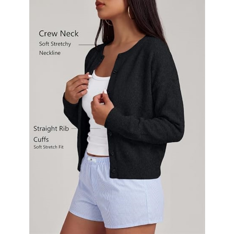 Women Cropped Knit Cardigan Long Sleeve Button Down Crew Neck Lightweight Fall Casual Knit Sweater Outerwear