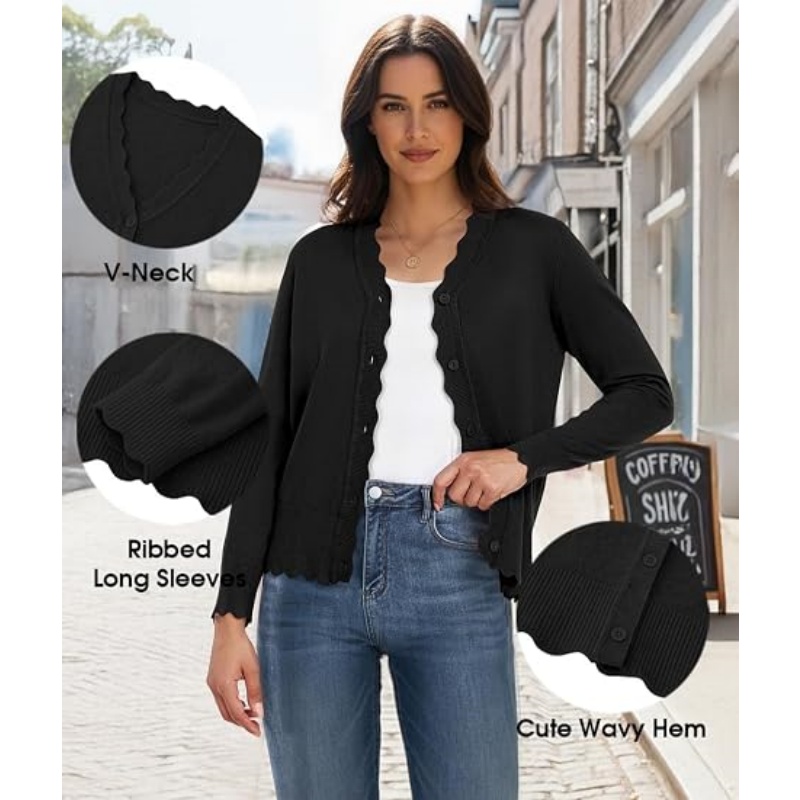 Women Lightweight Button‑Down Knit Cardigan Scalloped V‑Neck Long Sleeve Cropped Casual Knit Outerwear 2026 Fall Fashion