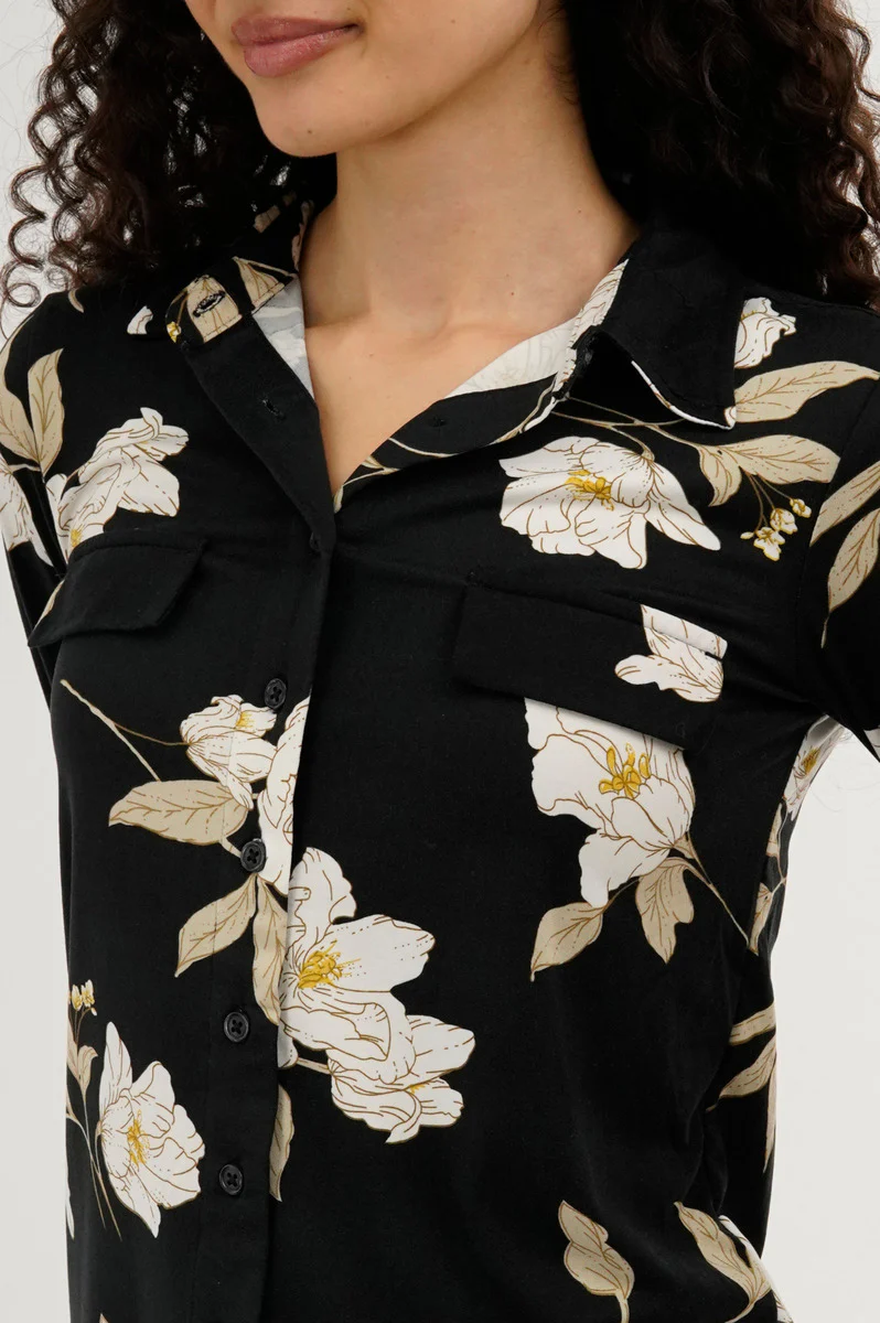 Floral Button Up Blouse - Black
