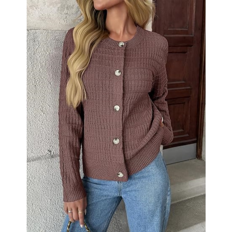 Women 2026 Fall Cropped Knit Cardigan Jacket Crew Neck Textured Waffle Knit Long Sleeve Button‑Front Casual Knit Outerwear