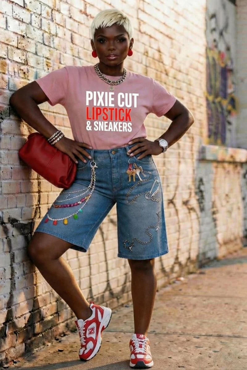 Pixie Cut, Lipsitck, & Sneakers Tshirt- Pink