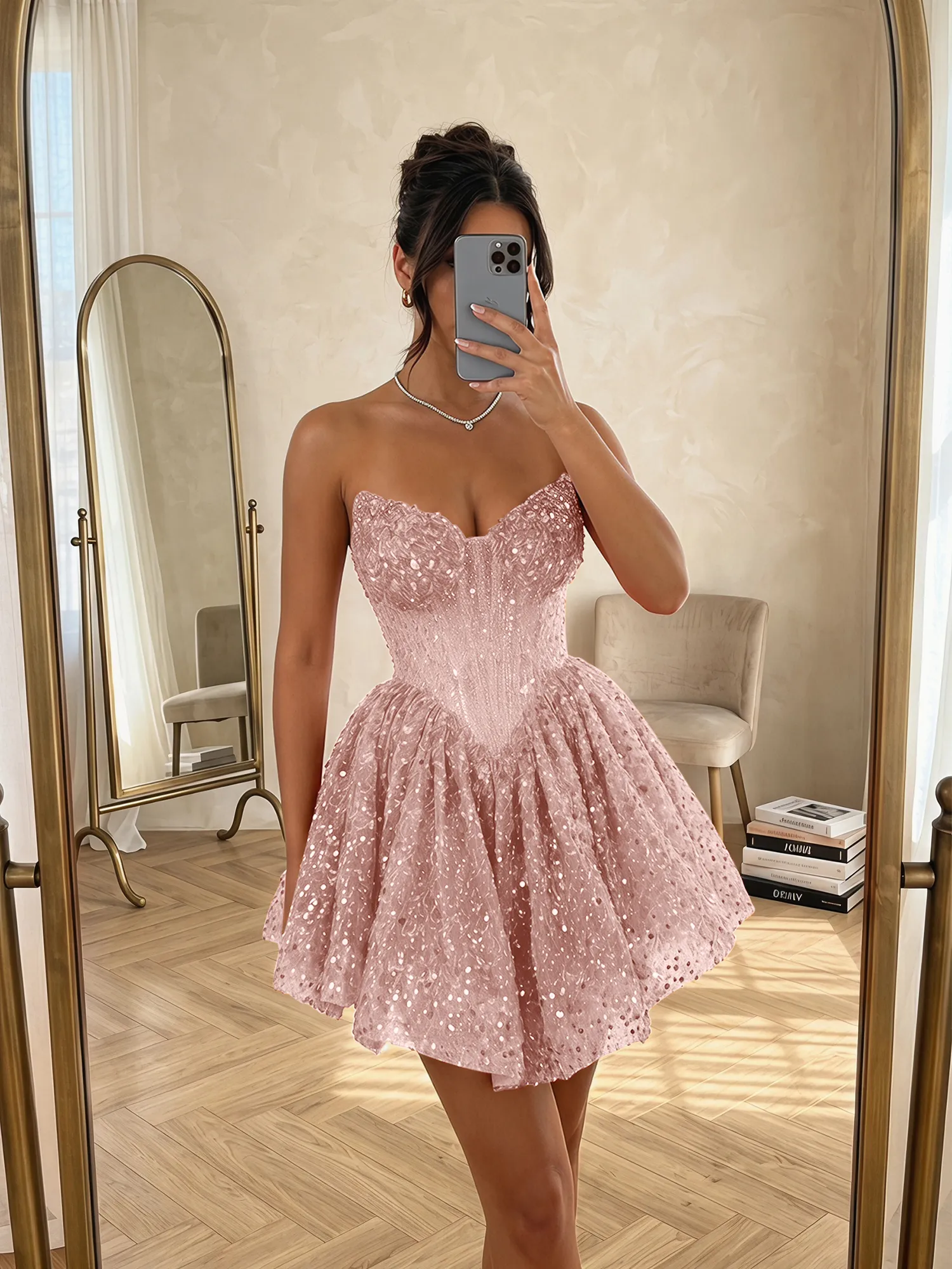 Sequin Strapless Sweetheart Mini Homecoming Dress with Ruffled Skirt
