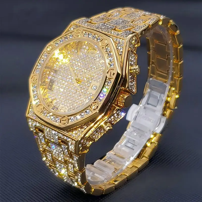 Gold Watches For Men Full Iced Diamond Men’s Quartz Watch Luxury Fashion Calendar Wristwatch