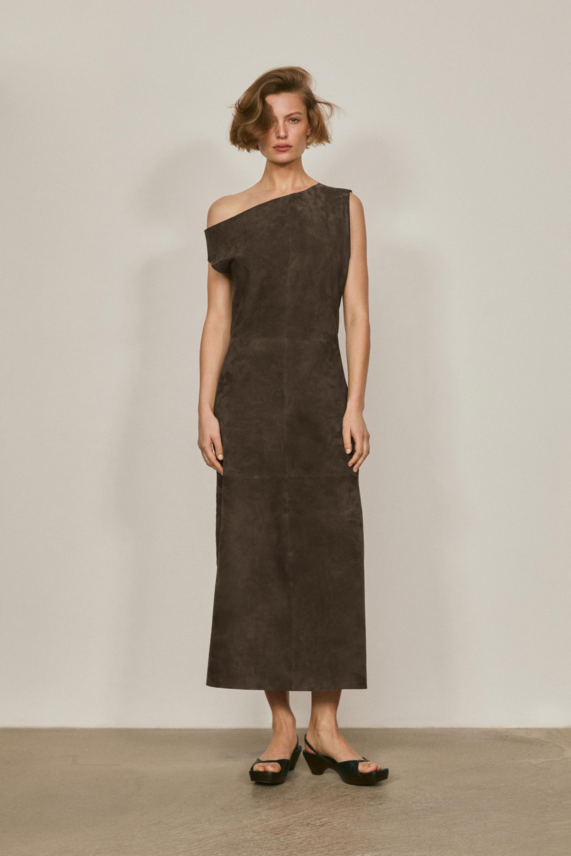 Vestido midi escote asimétrico piel ante - LIMITED EDITION
