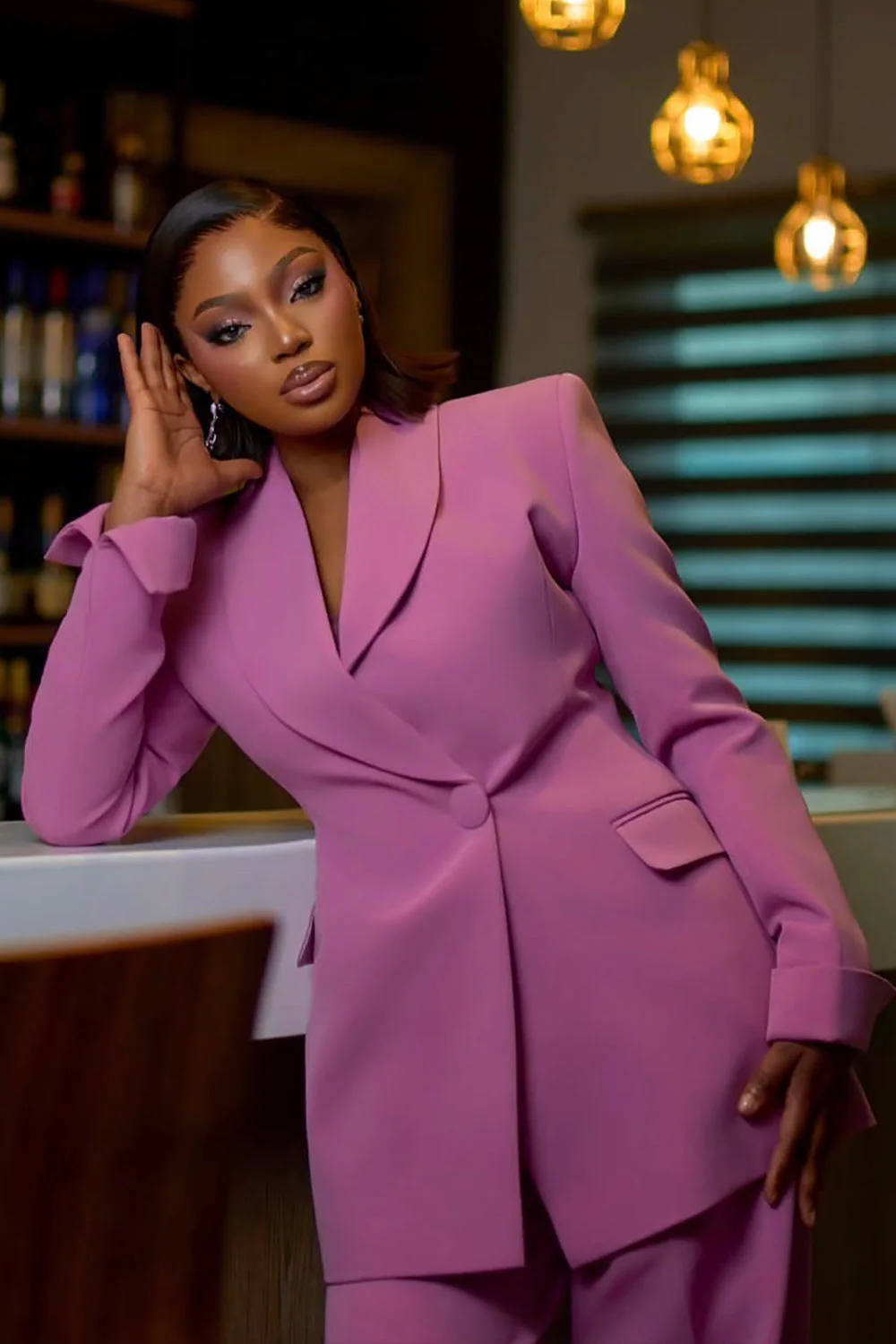 Shawl Collar Cinch Waist Blazer Solid Color Pants Set-Pink [Pre Order]
