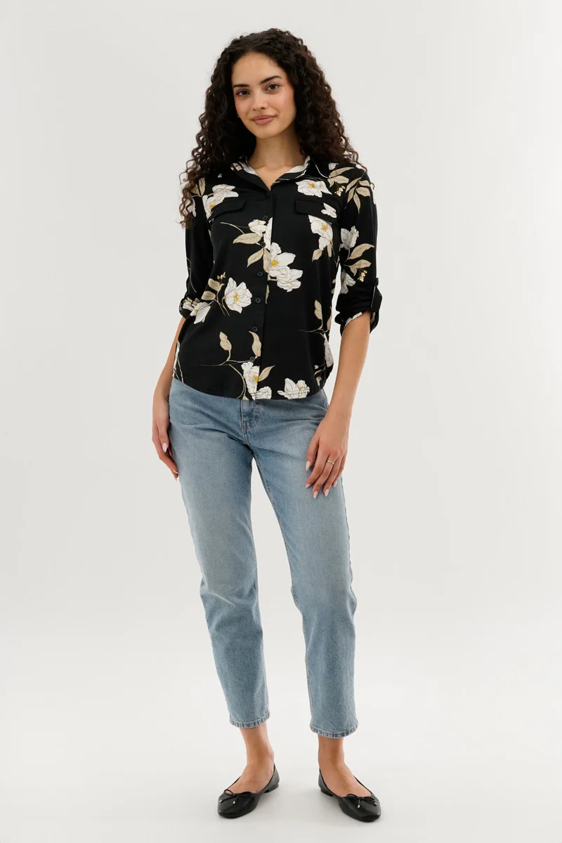 Floral Button Up Blouse - Black