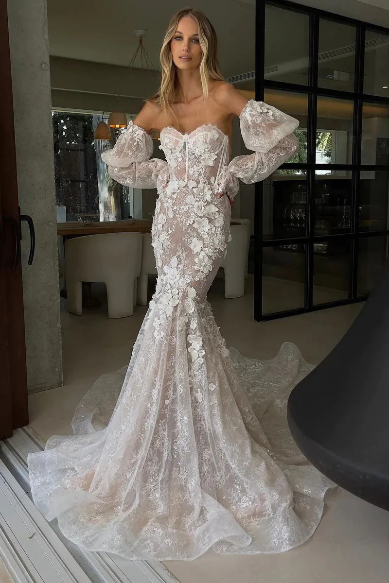 Mermaid Sweetheart Lace Wedding Dress with Ruffled Sleeves