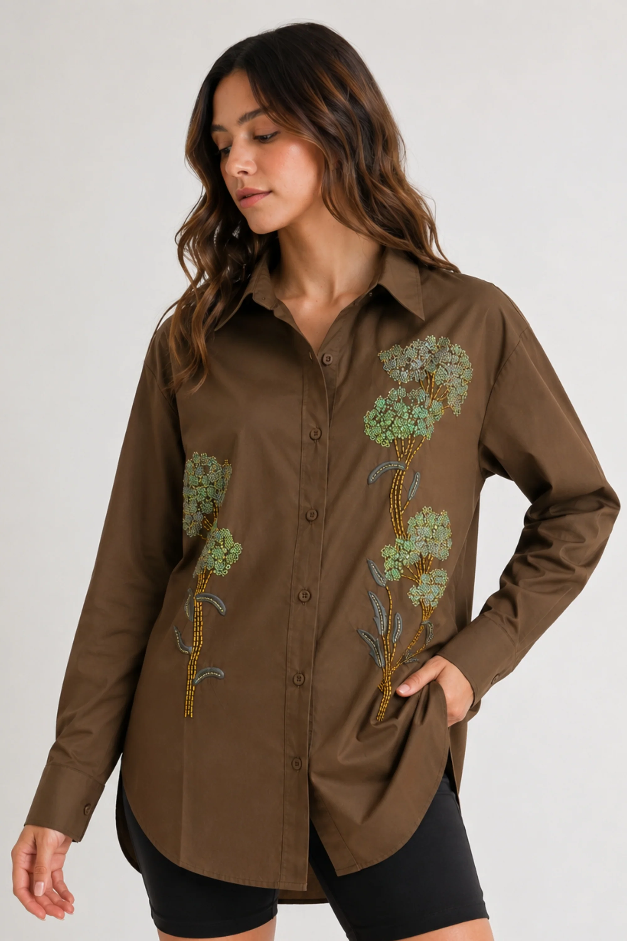 Mocha Bloom Embellished Shirt