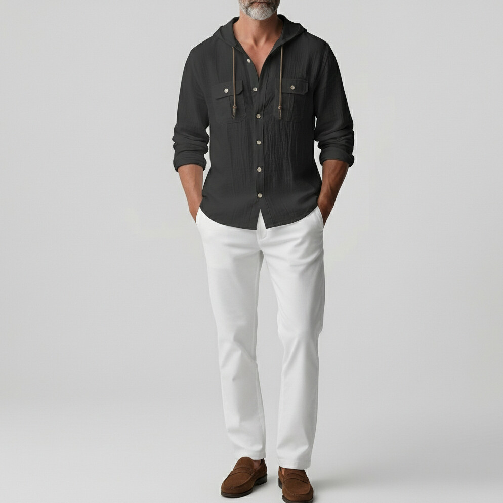 Men's Casual Drawstring Hooded Chest Pocket Single Breasted Long Sleeve Shirts