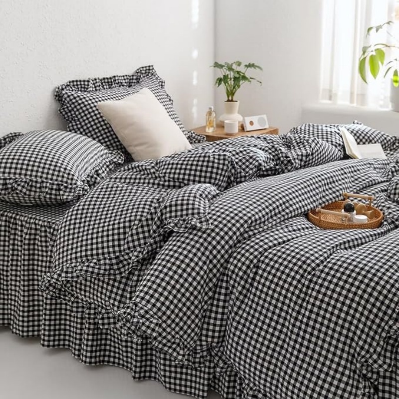 Black White Gingham Ruffle Duvet Cover Queen