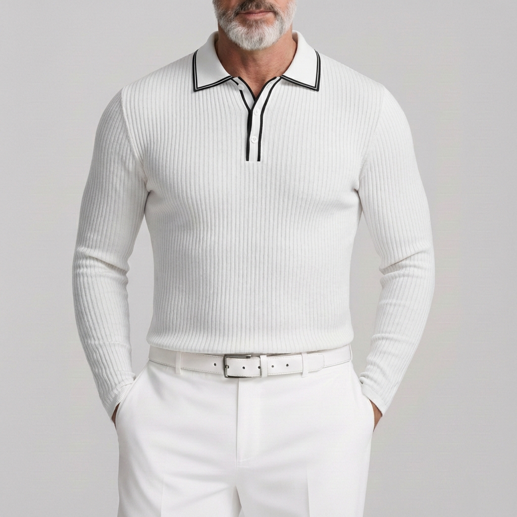 Men's Business Casual Contrast Binding Long Sleeve Pit Strip Knit Polo Shirts