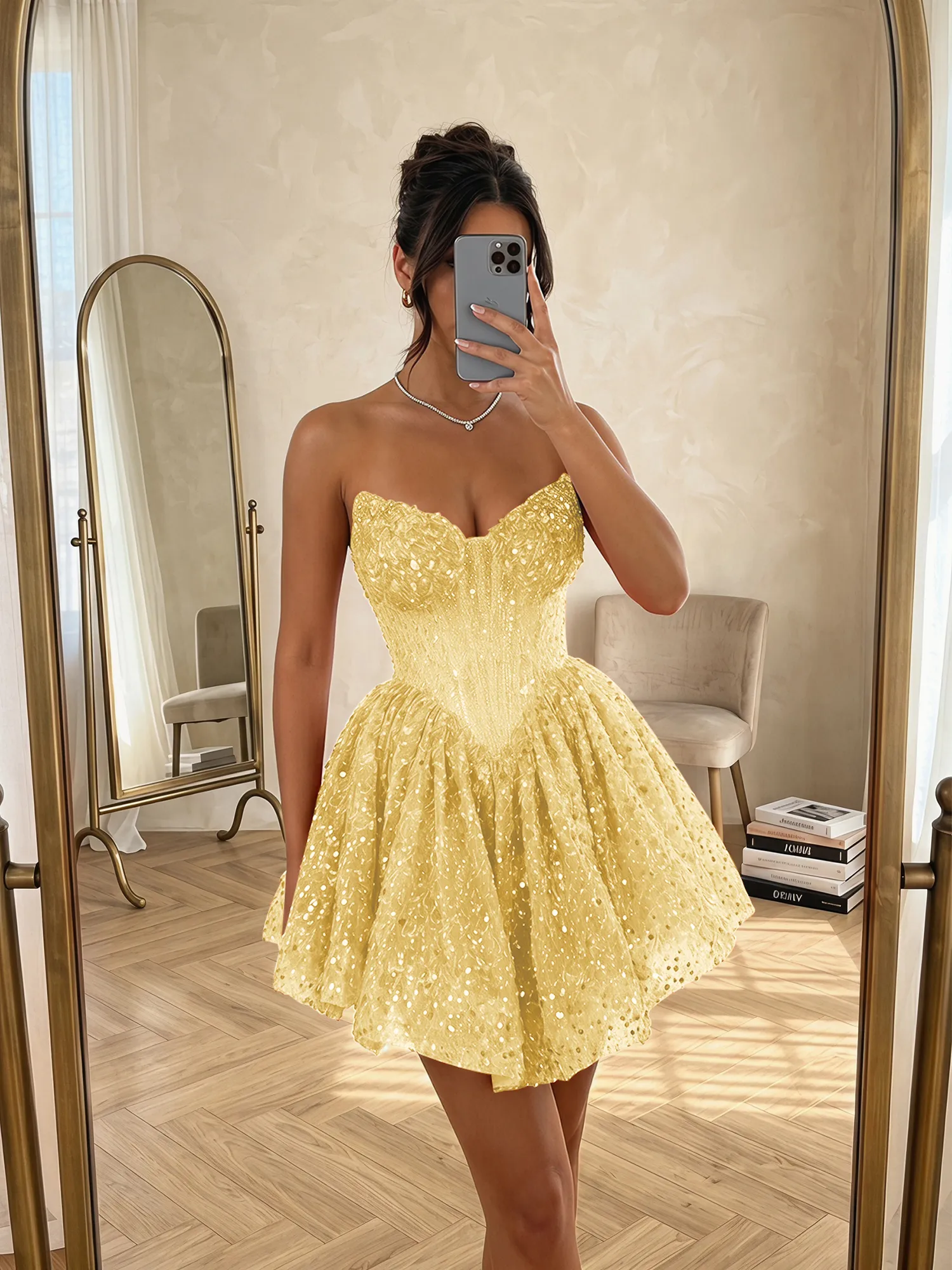 Sequin Strapless Sweetheart Mini Homecoming Dress with Ruffled Skirt