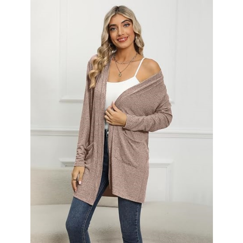 Women Lightweight Open Front Cardigan Long Sleeve Mid‑Length Casual Knit Sweater Cardigan with Side Pockets