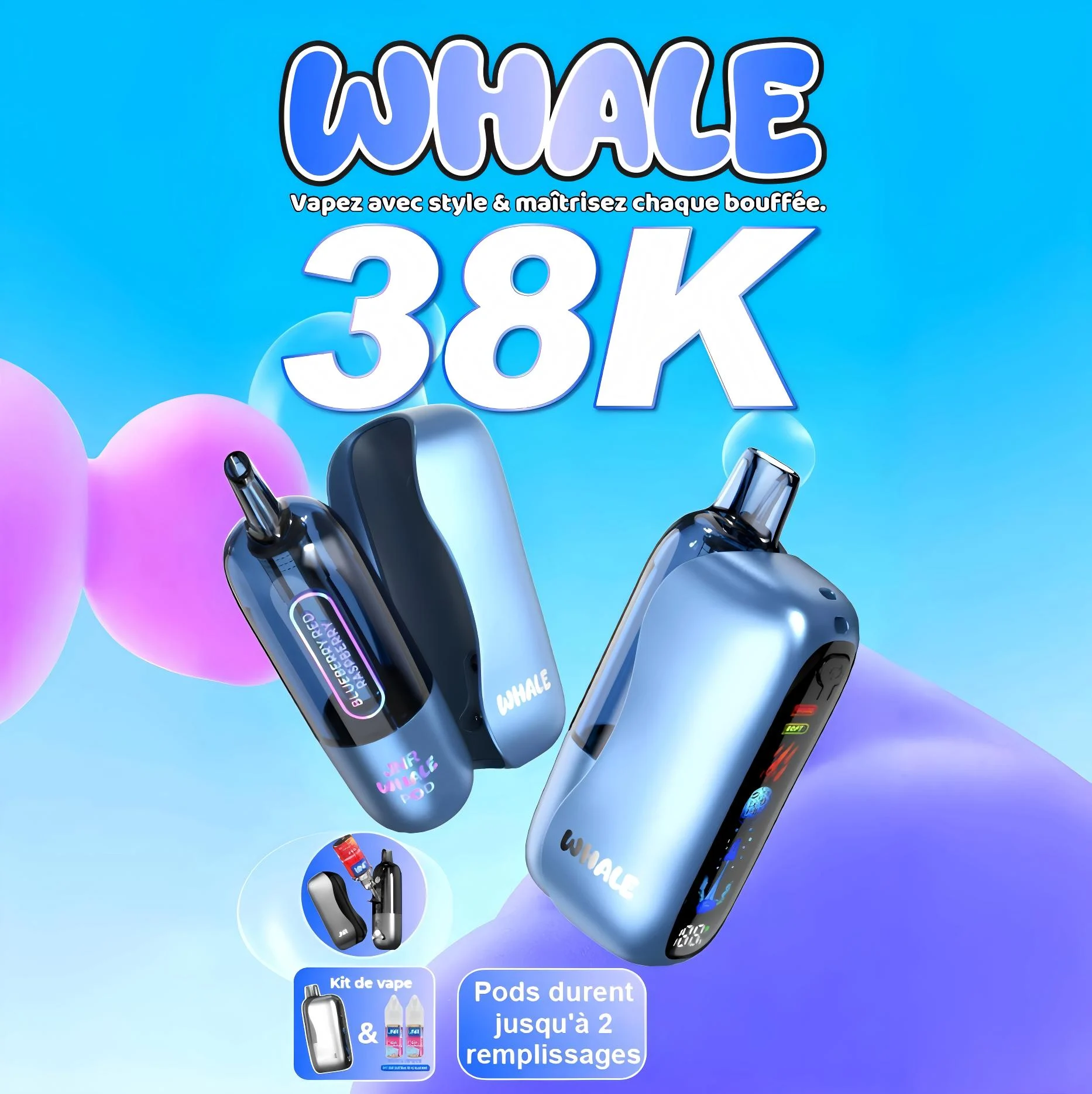 JNR Whale 38K Puffs - Kit Pod Pré-rempli et Rechargeable - Vape Grok