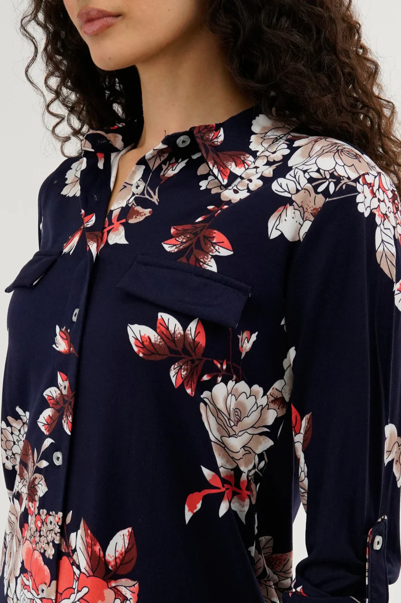 Floral Button Up Blouse - Navy