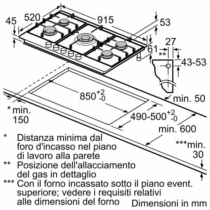 BOSCH - Piano cottura a gas PCR9A5I90 91,5 cm-Inox