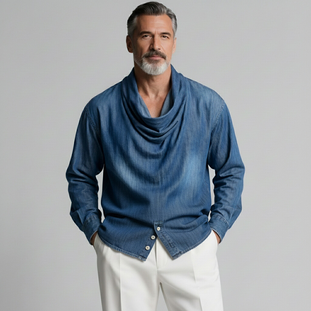 Men's Modern Denim Cowl Neck Buttoned Hem Long Sleeve Shirt