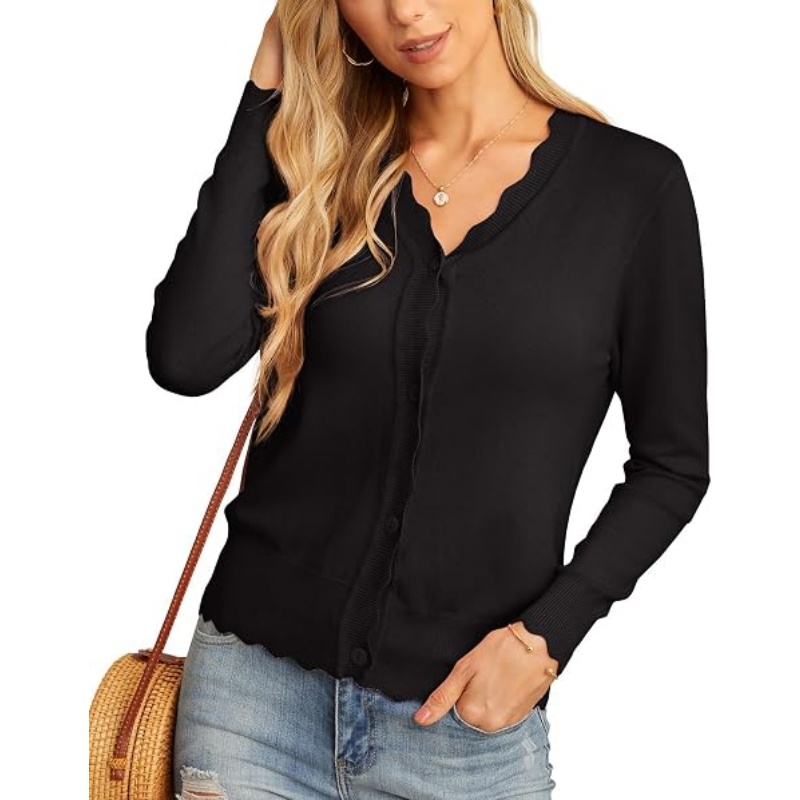 Women Lightweight Button‑Down Knit Cardigan Scalloped V‑Neck Long Sleeve Cropped Casual Knit Outerwear 2026 Fall Fashion