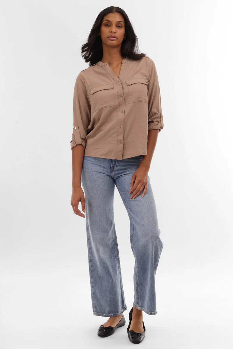 Roll Up Sleeve Utility Pocket Blouse - Taupe