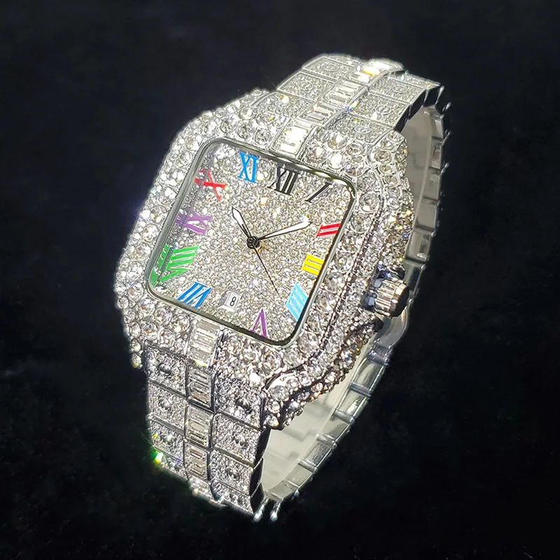 2026 New Luxury Diamond Watch Men Fashion Iced Out Square Colorful Number Watches Hip Hop Bling Jewelry Reloj Hombre for Party