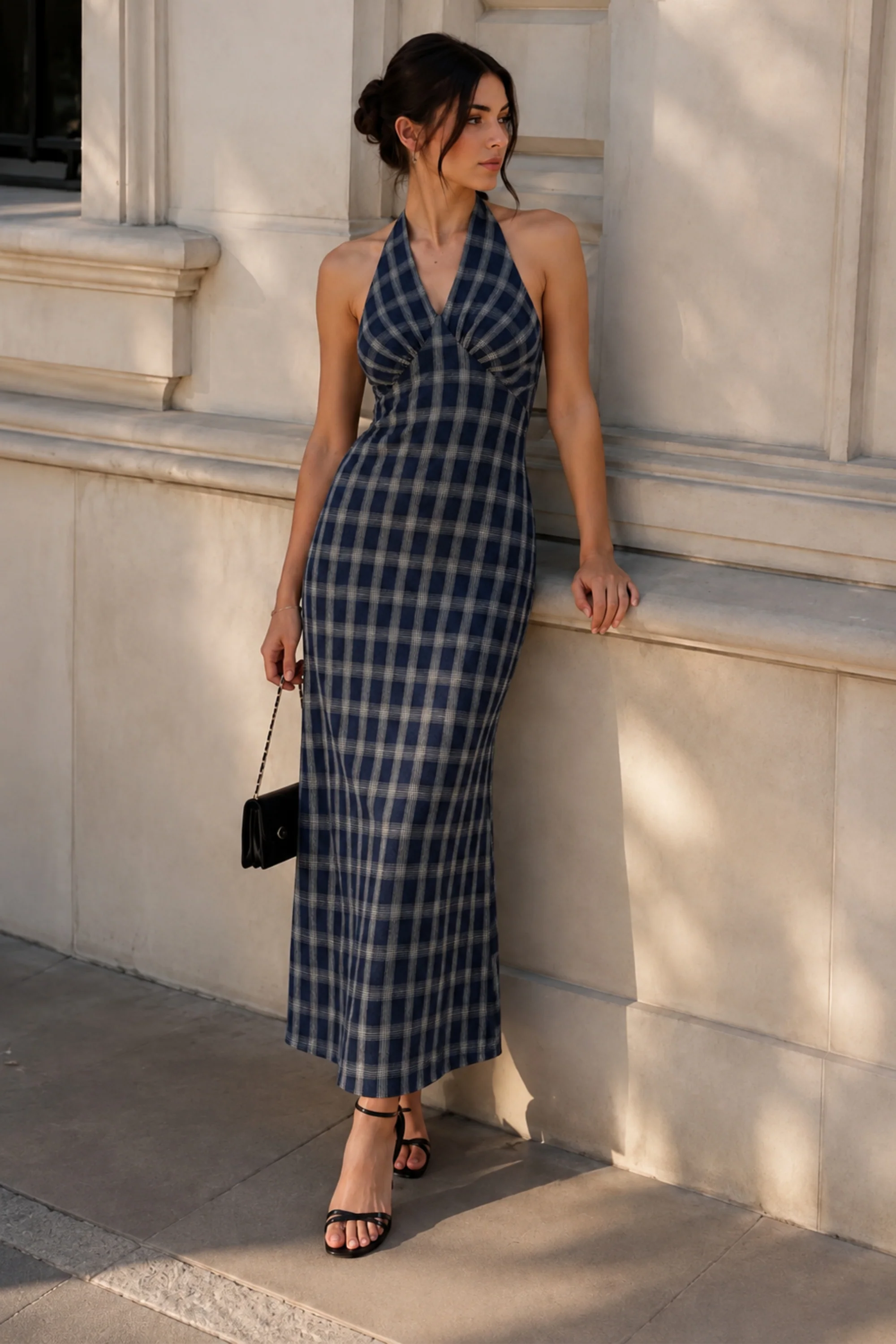 Blue Plaid Tie-Back Maxi Dress