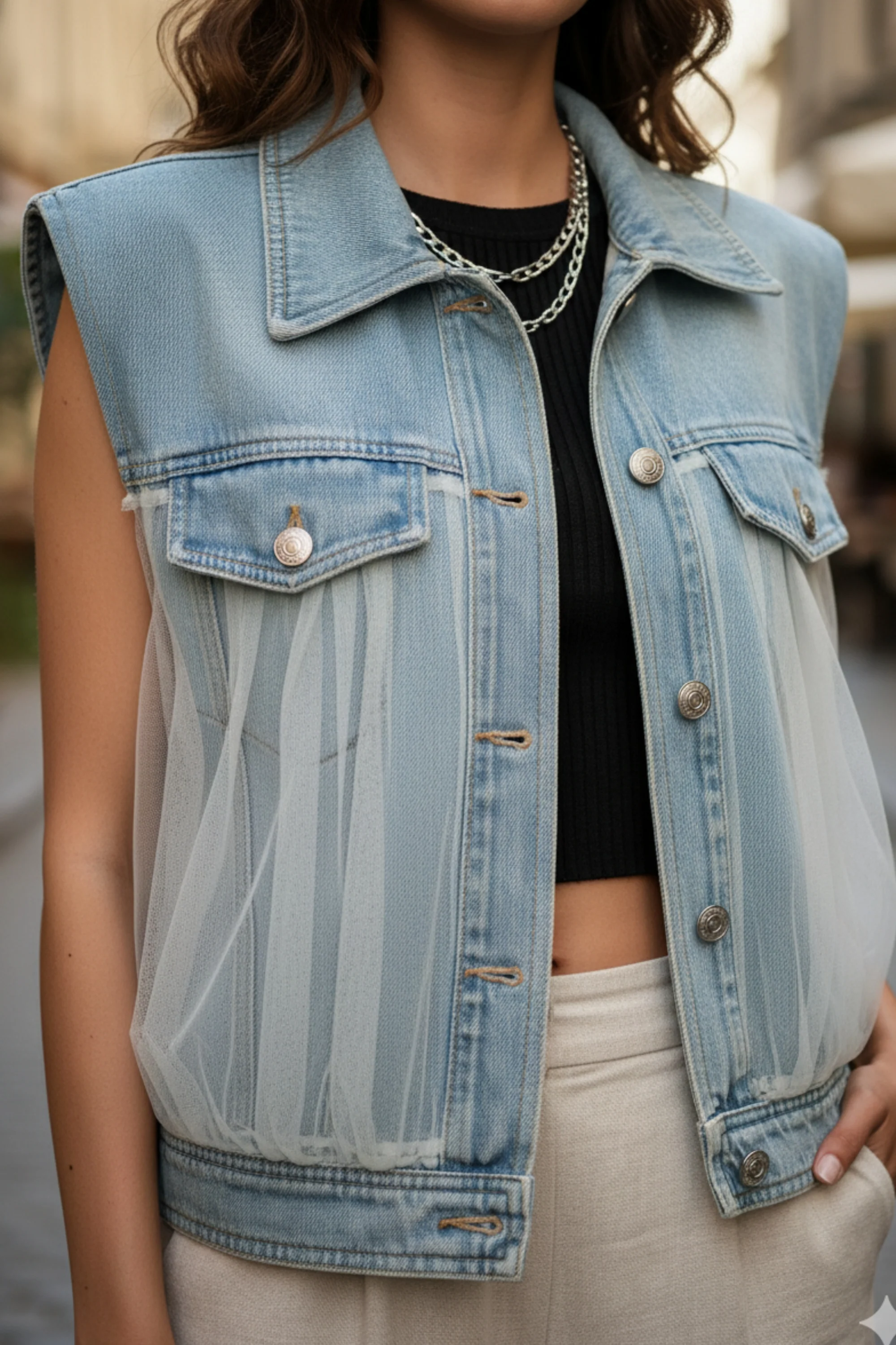Denim Jacket with Layered Net