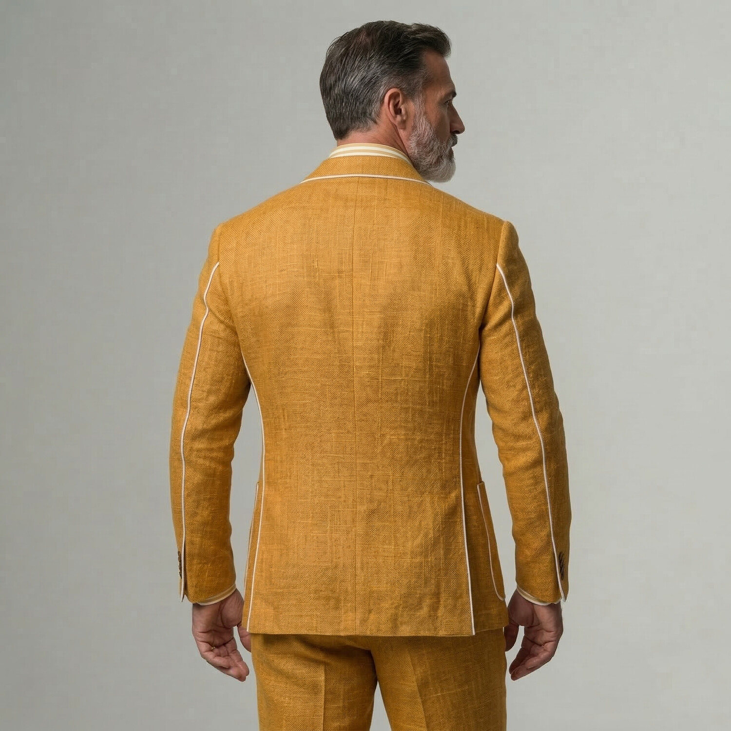 Men's Business Mustard Yellow Contrast Binding Peak Lapel Double Breasted Linen Blazer