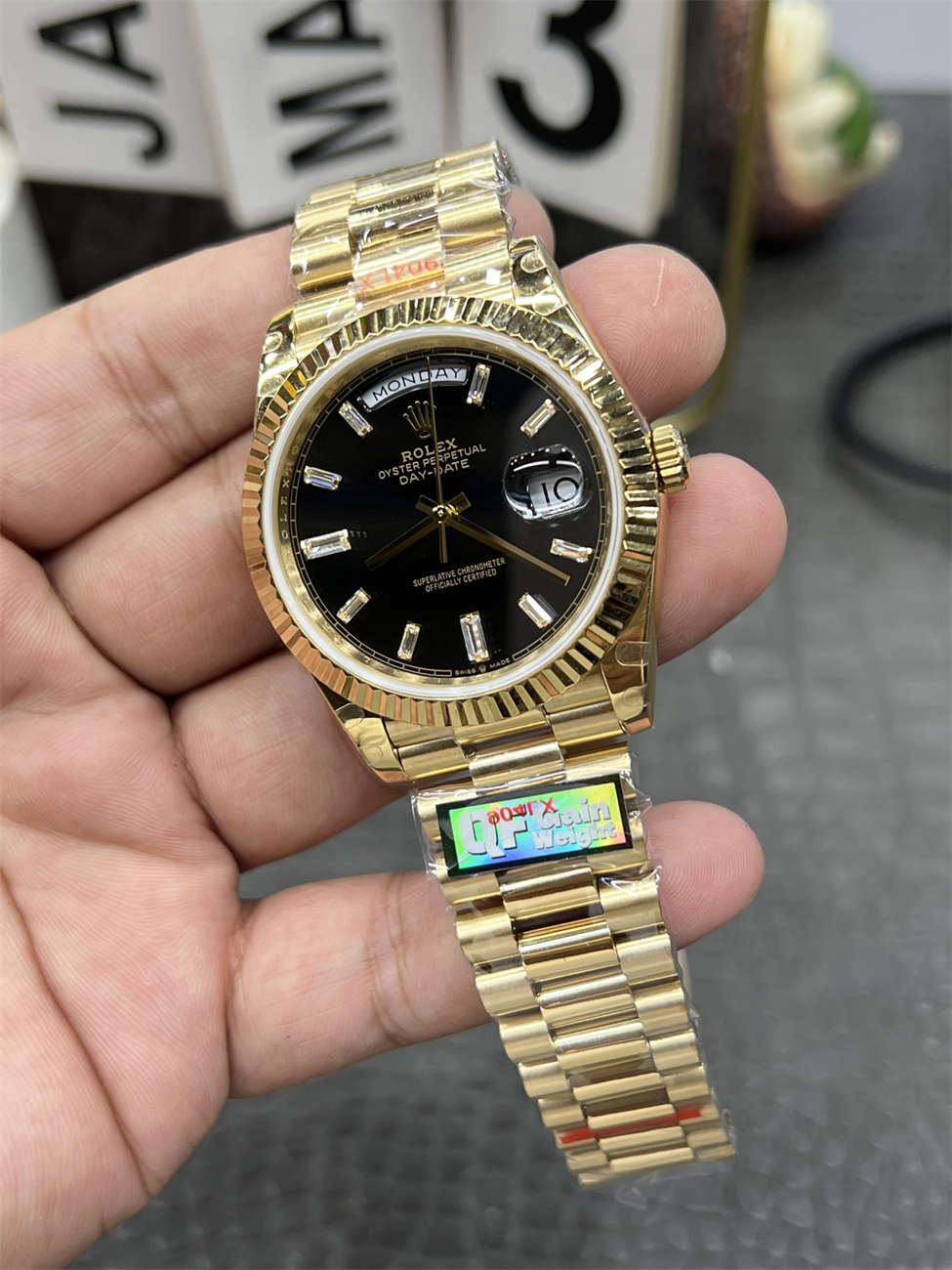 Rolex Day‐Date QF Factory 184g Replica – Black Dial, Full-Weight