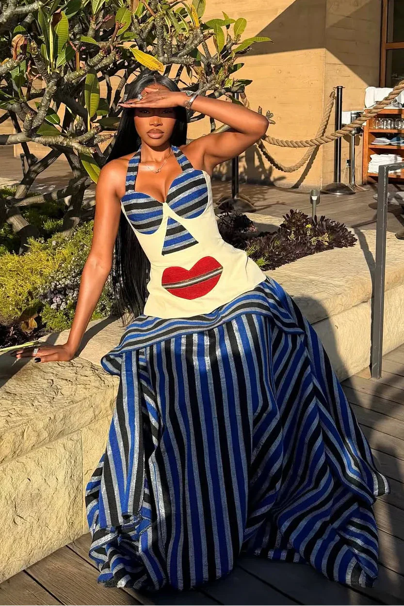 Asymmetric Striped High-Low Maxi Skirt