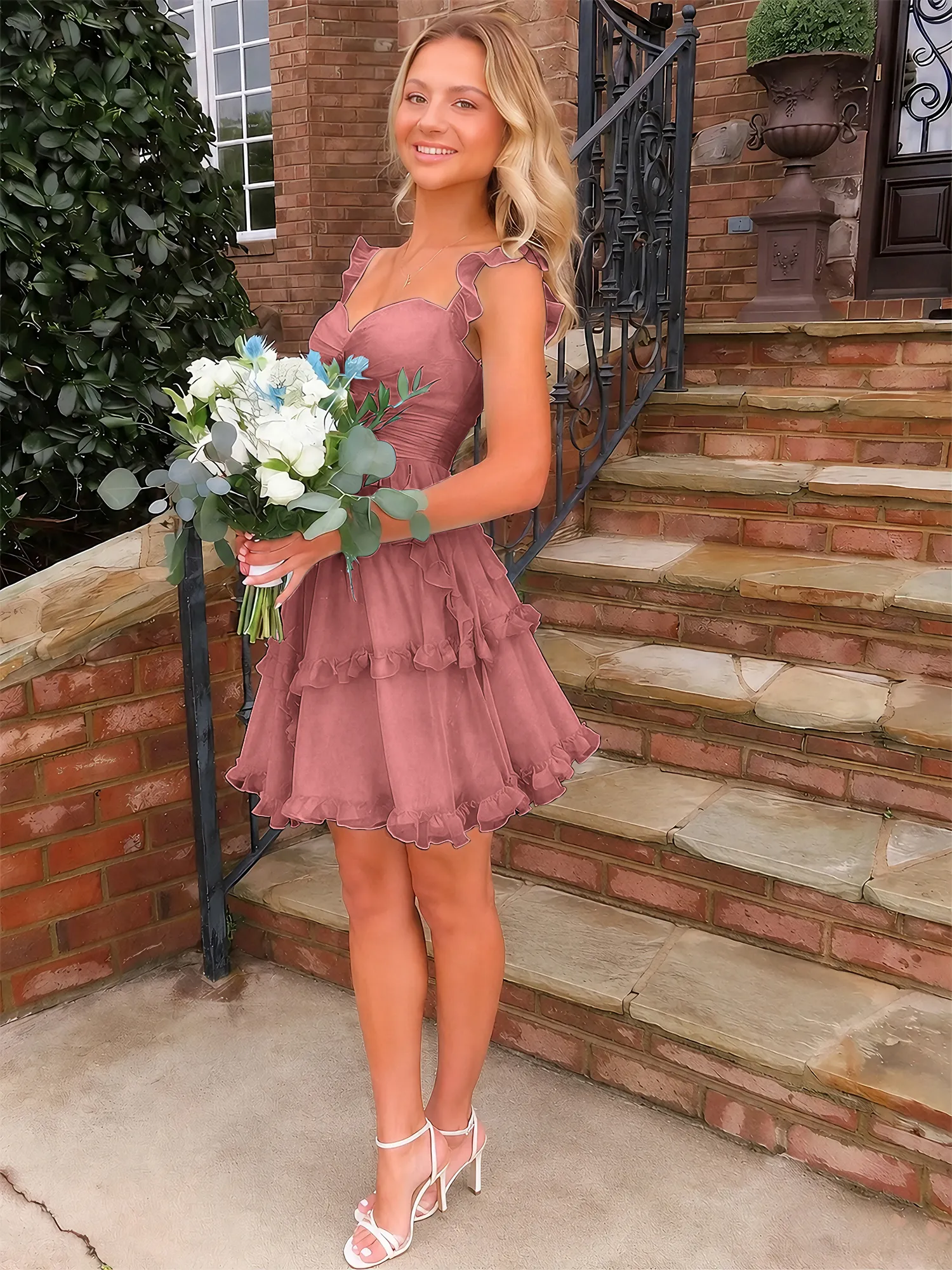 Sweetheart Ruffle Strap Tiered Chiffon Mini Homecoming Dress