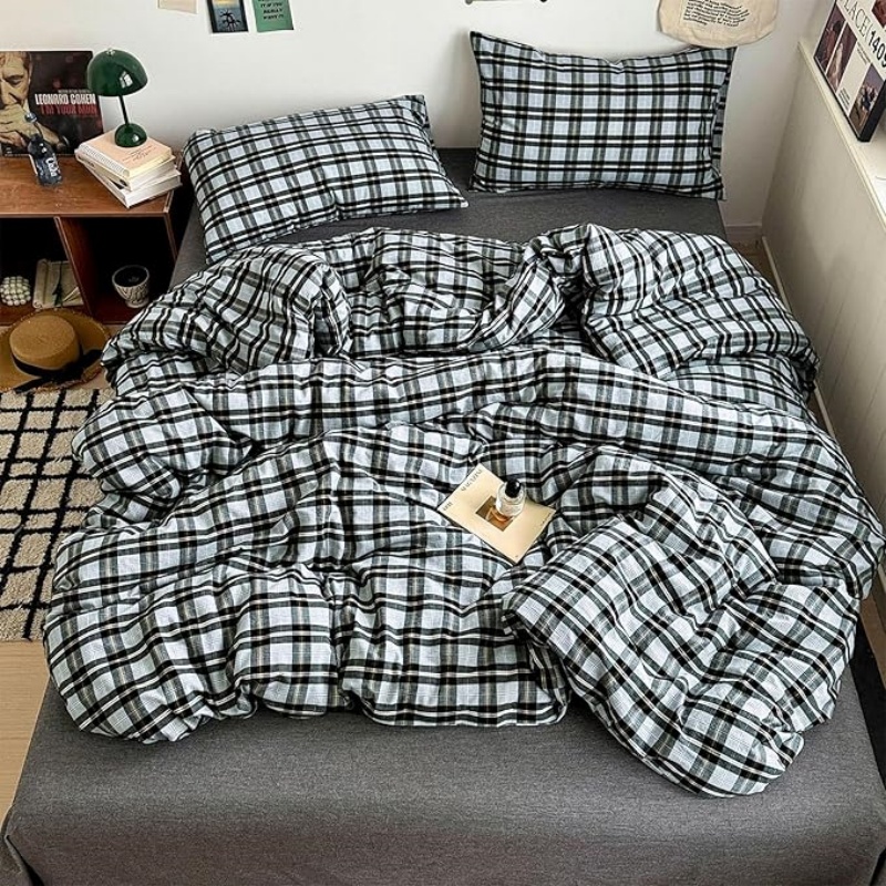 Vintage Grey & Pale Blue Buffalo Plaid Duvet Cover Set