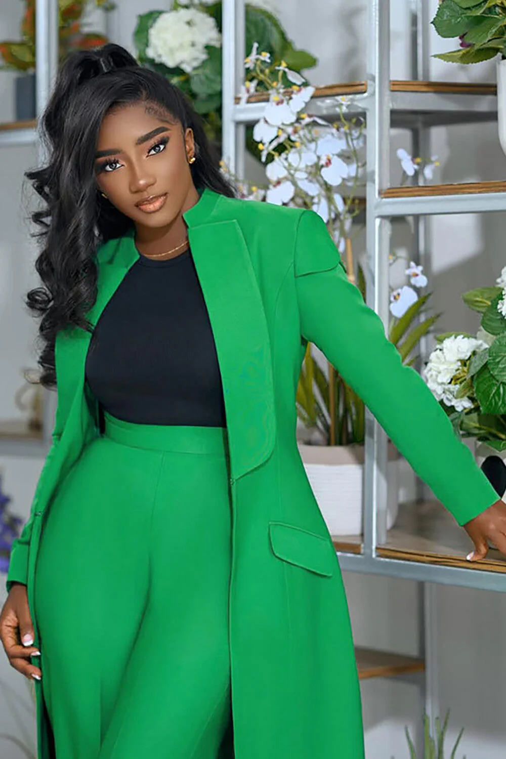 Turndown Collar Solid Color Long Blazer High Waist Pants 2pcs Set-Green