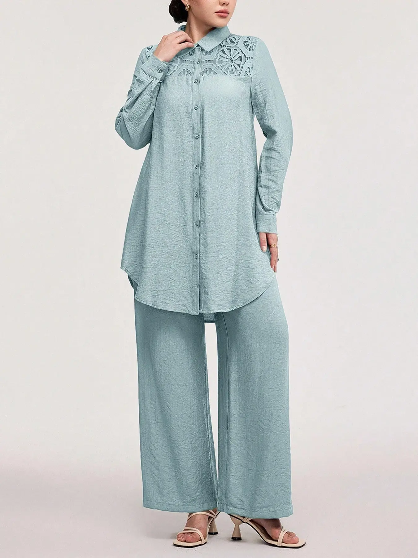Women's Casual Two-Piece Set, Hollow-Out Top and Loose-Fit Pants