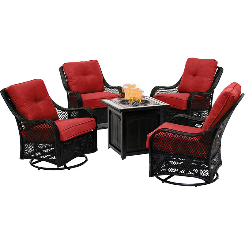 Hanover Orleans 5-Piece Fire Pit Chat Set with 4 Woven Swivel Gliders and a 26-In. Square Fire Pit Table