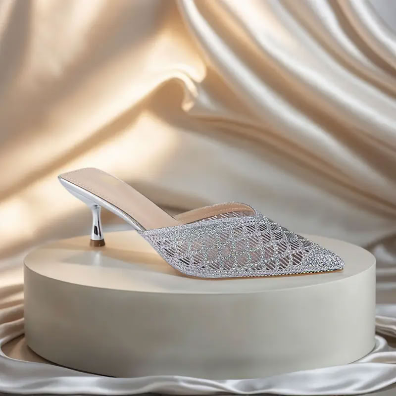 Bridal Crystal Embellished Heels – Open-Back Pointed Toe Summer Sandals