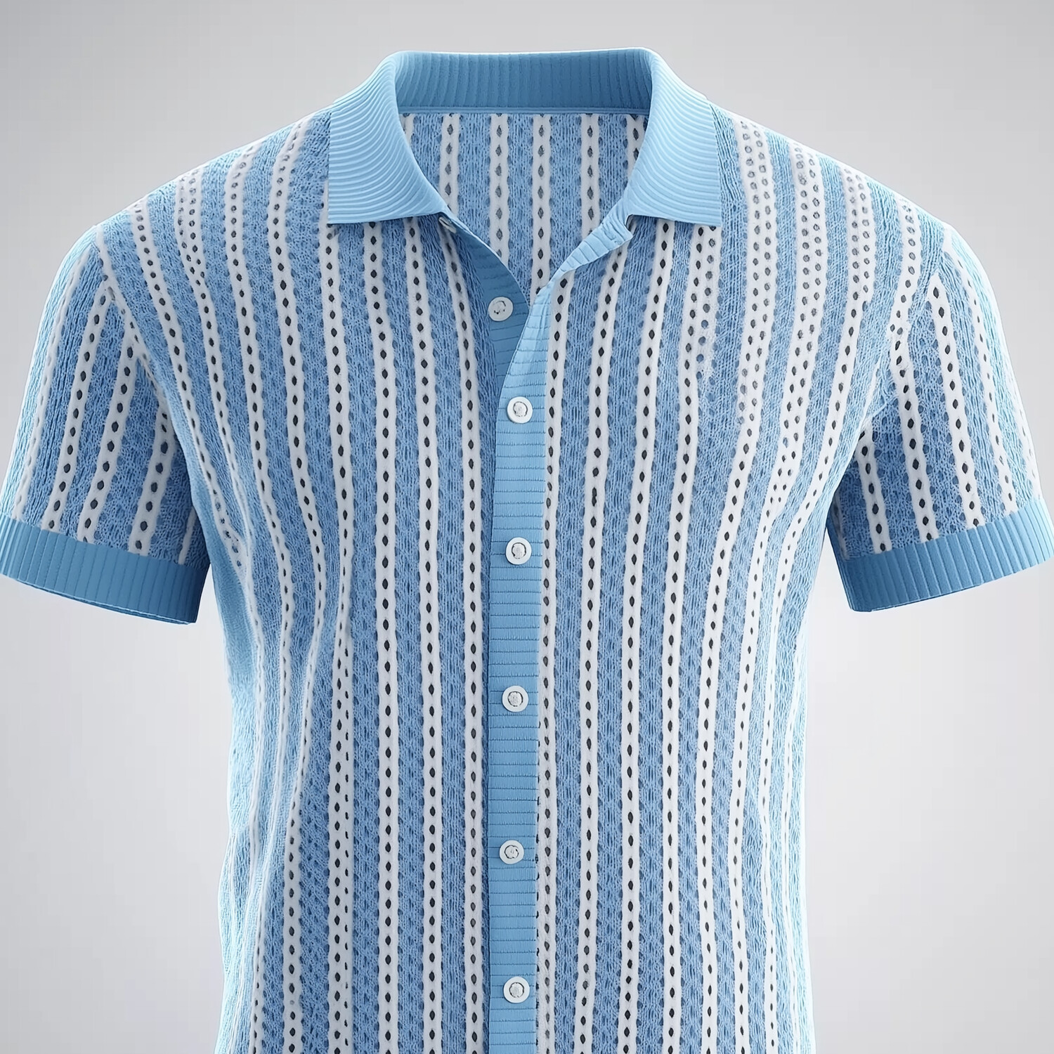 Men's Knit Colorblock Striped Hollow Out Button Short Sleeve Shirt