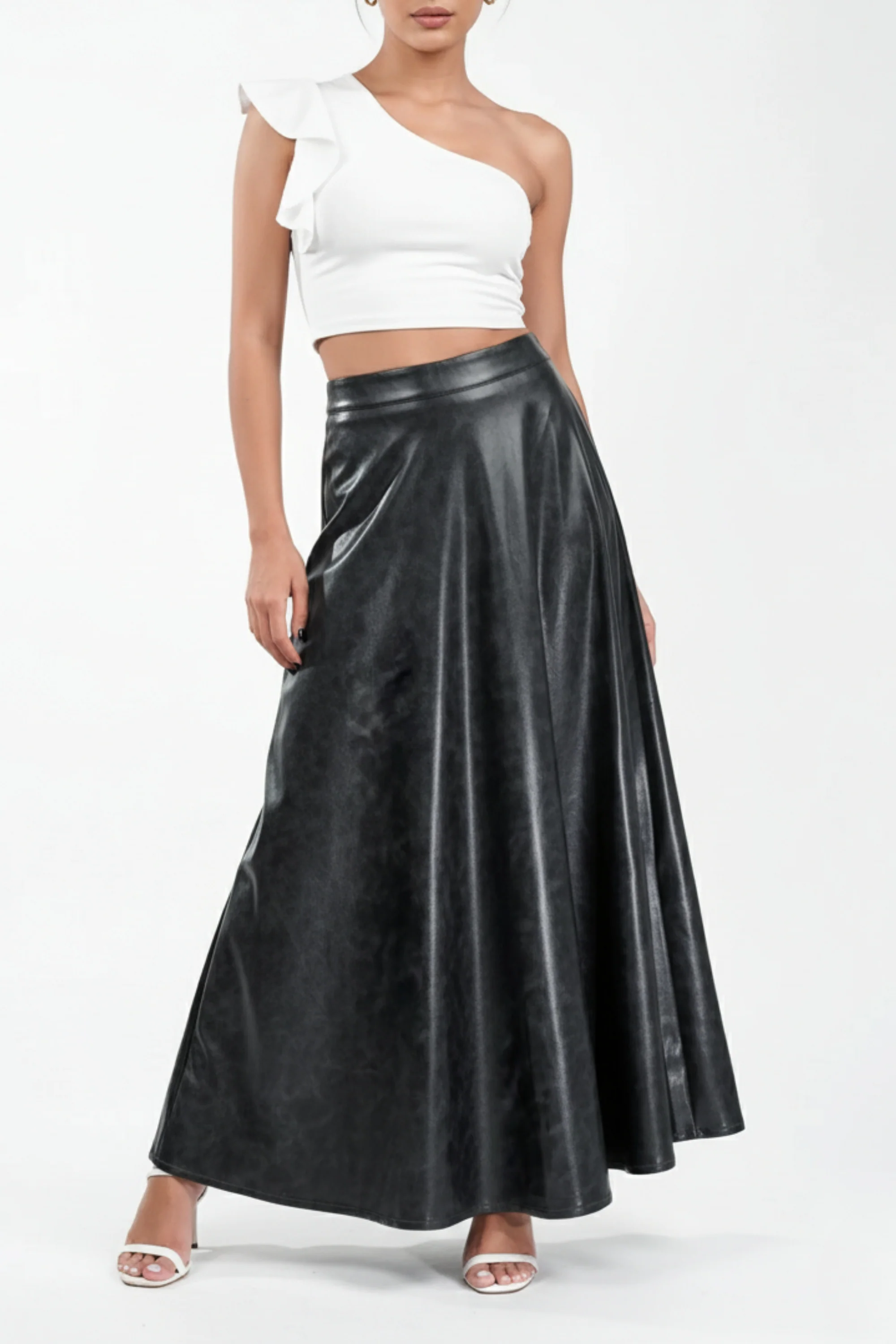 Carbon Black Flared Leather Skirt