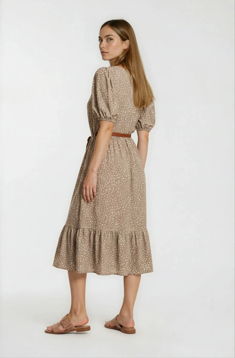 Square Neck Belted Dress - Beige