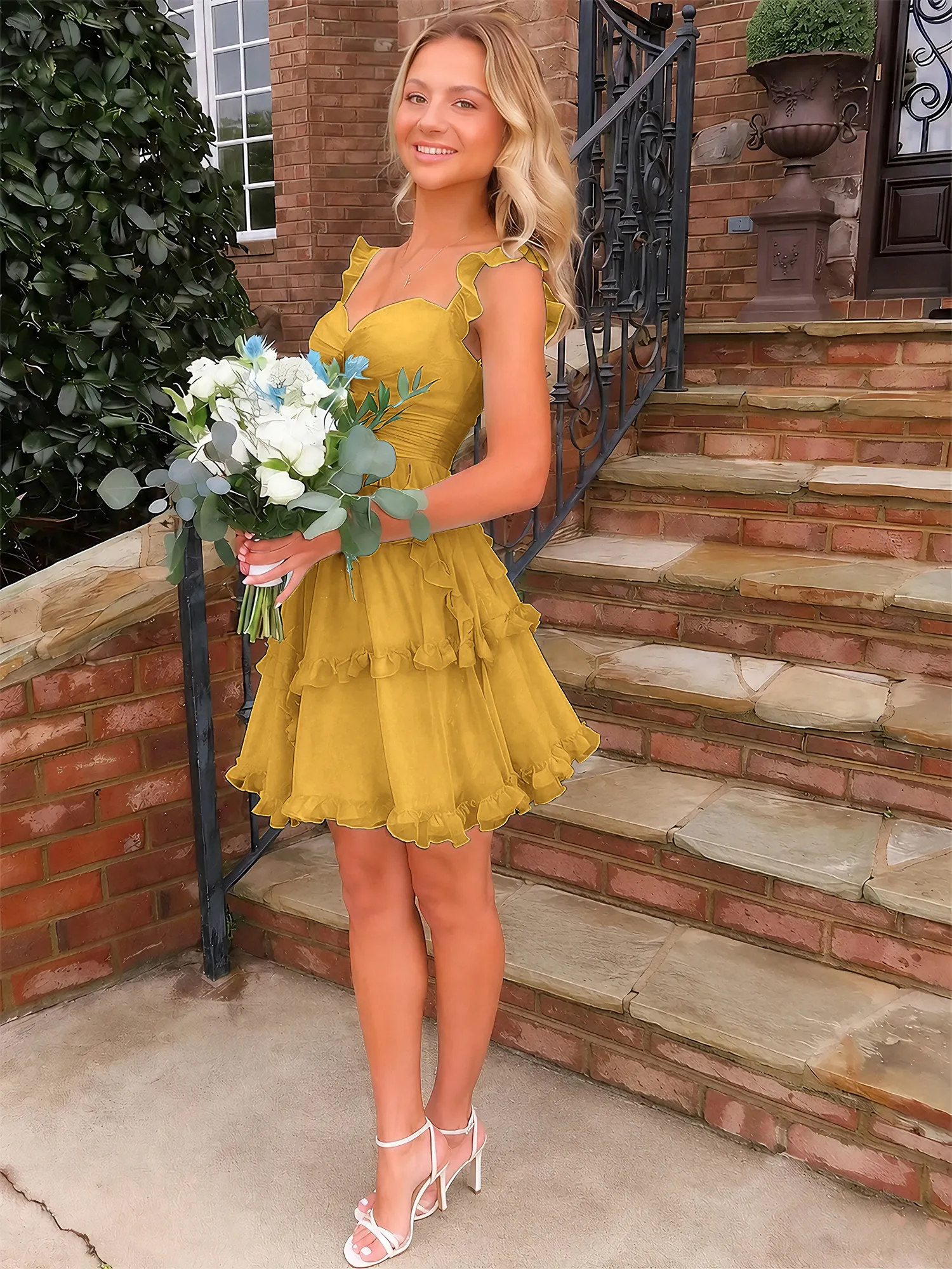 Sweetheart Ruffle Strap Tiered Chiffon Mini Homecoming Dress