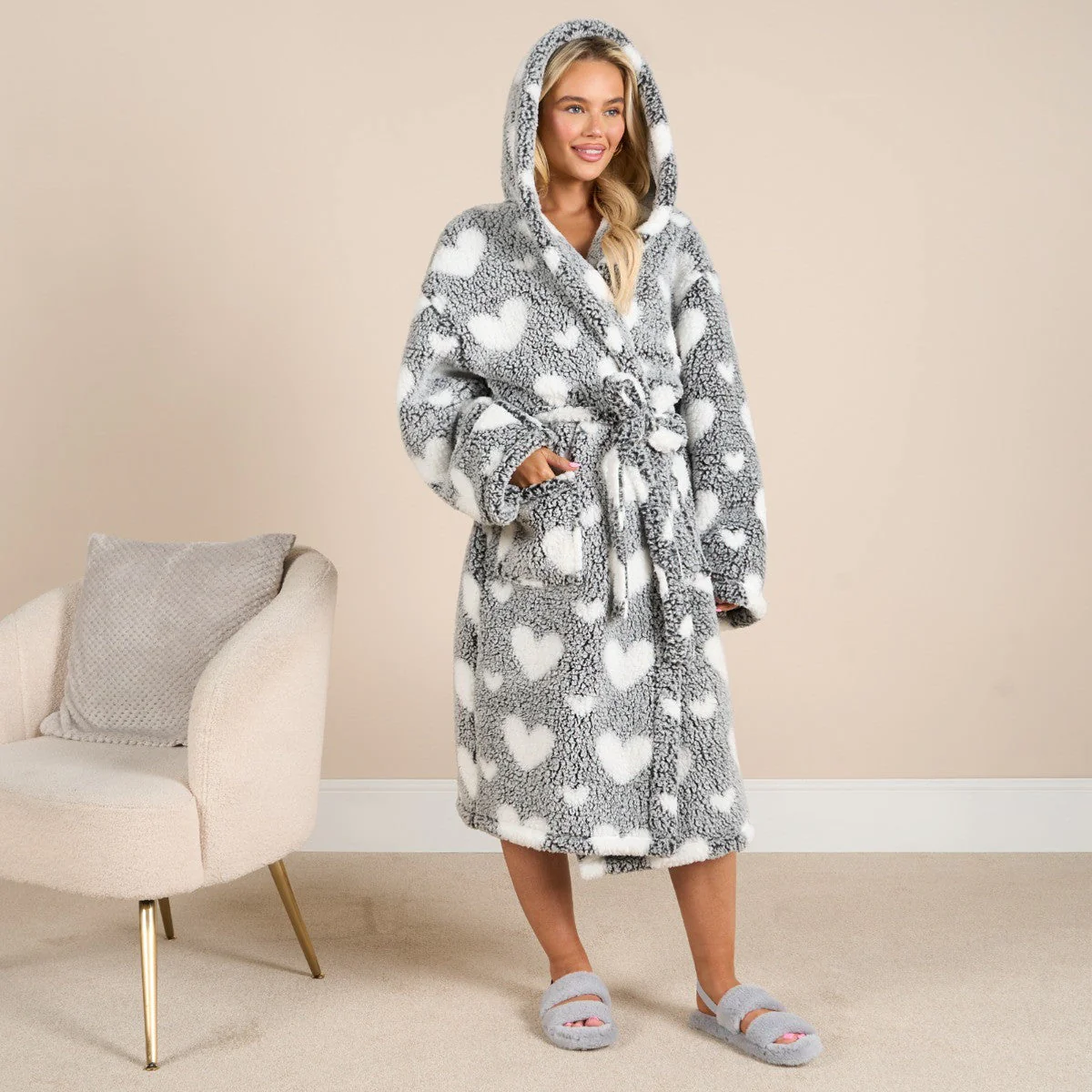 OHS Heart Print Teddy Marl Dressing Gown, Adults - Black